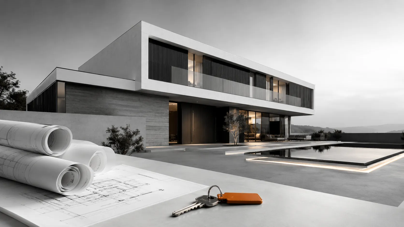 Vivienda contemporánea terminada junto a planos enrollados y las llaves de entrega.