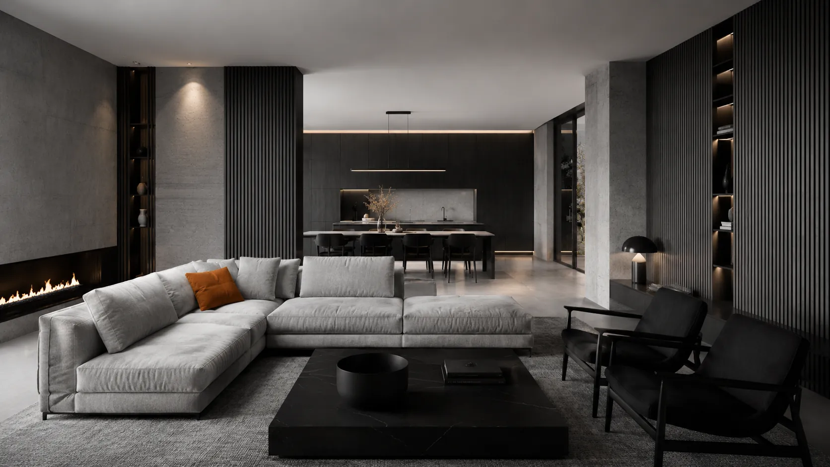 Salón de interiorismo en tonos cálidos y oscuros con chimenea y mobiliario a medida.