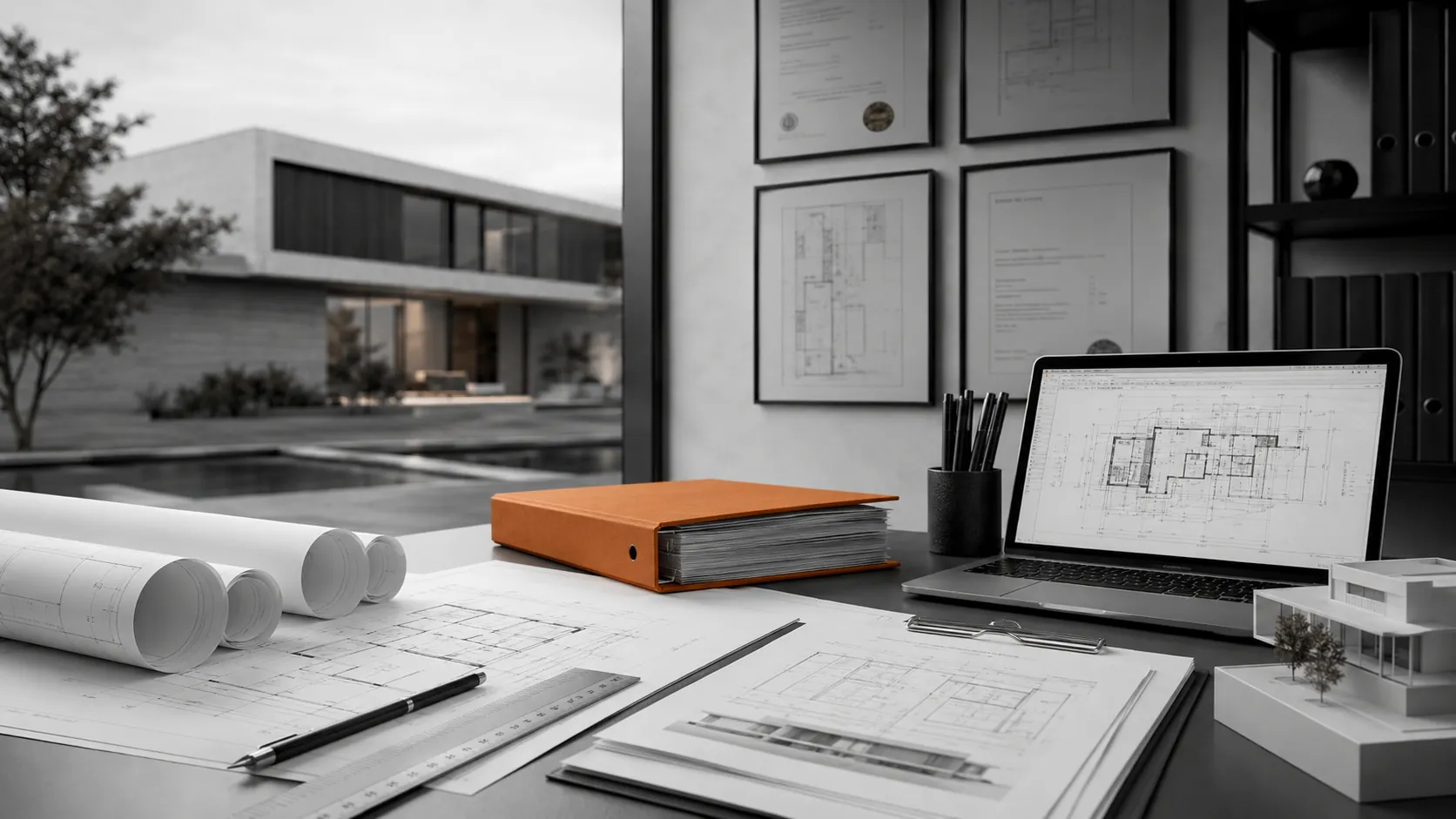 Mesa de estudio con planos CAD, portátil, certificados y maqueta arquitectónica.