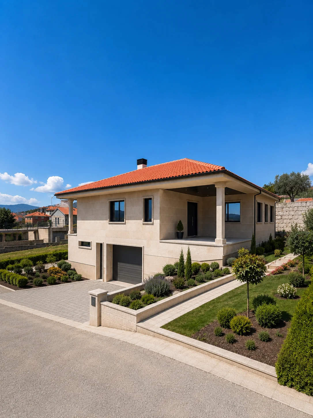 Vivienda unifamiliar de granito y cubierta de teja, con porche y jardín ajardinado en Ourense.