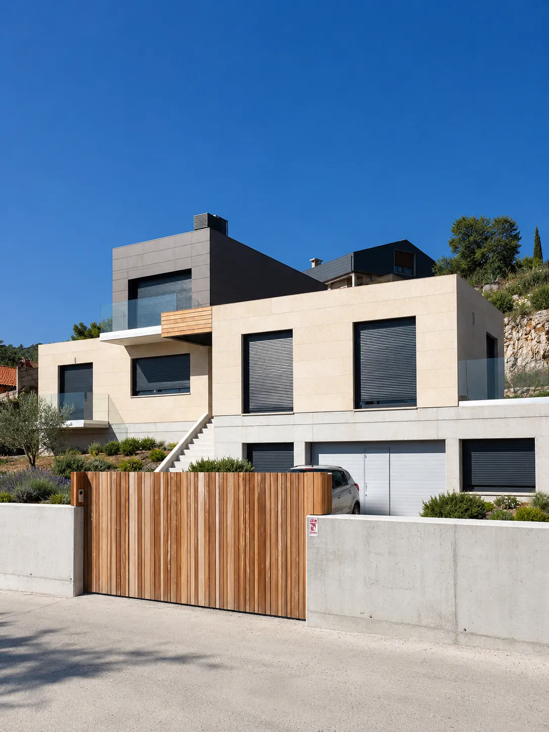 Chalet contemporáneo de volúmenes limpios en piedra, hormigón y madera, adaptado a la pendiente del terreno.
