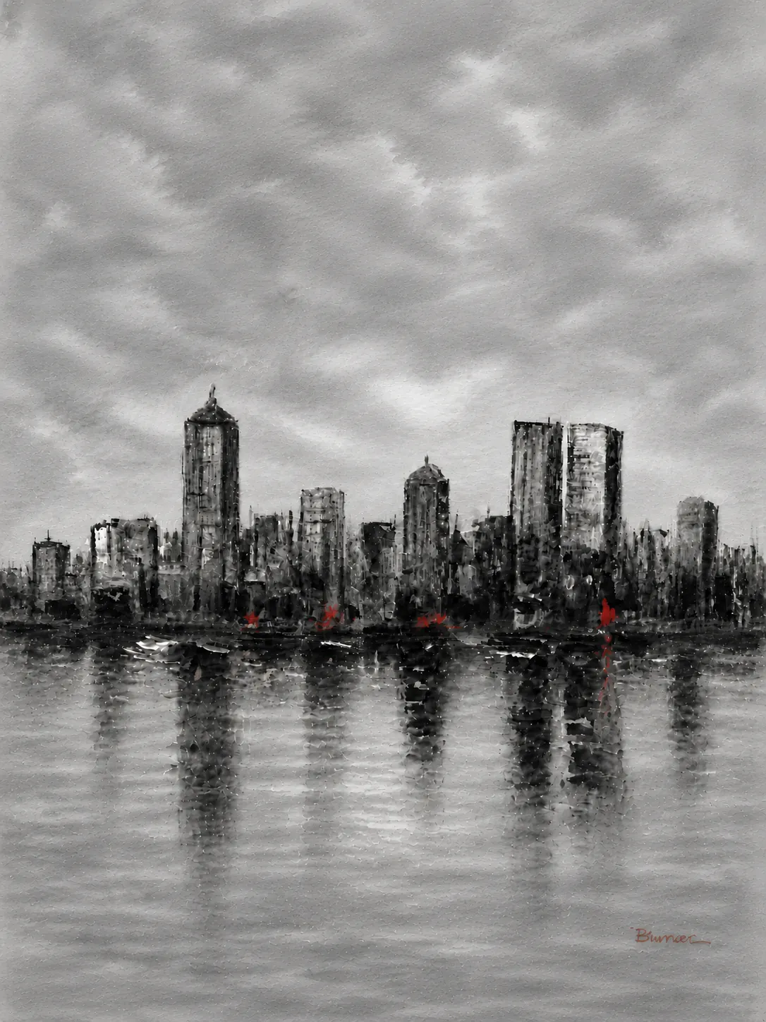 Ilustración monocroma de un skyline urbano con destellos en rojo, imagen de cabecera del estudio.